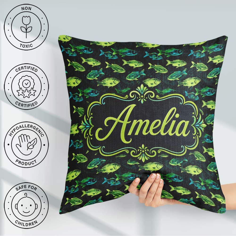 Custom Name Colourful Fish with Flowing Fins on Black Background Square Filled Cushion Throw Pillow Sofa Bed Home Decor Zip Washable UK Made