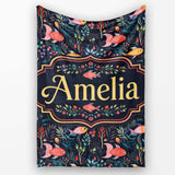 Cute Pastel Fish and Floral Sea Life Pattern on Teal Background  Personalised Custom Name Super Soft Fleece Blanket Bed Sofa Throw