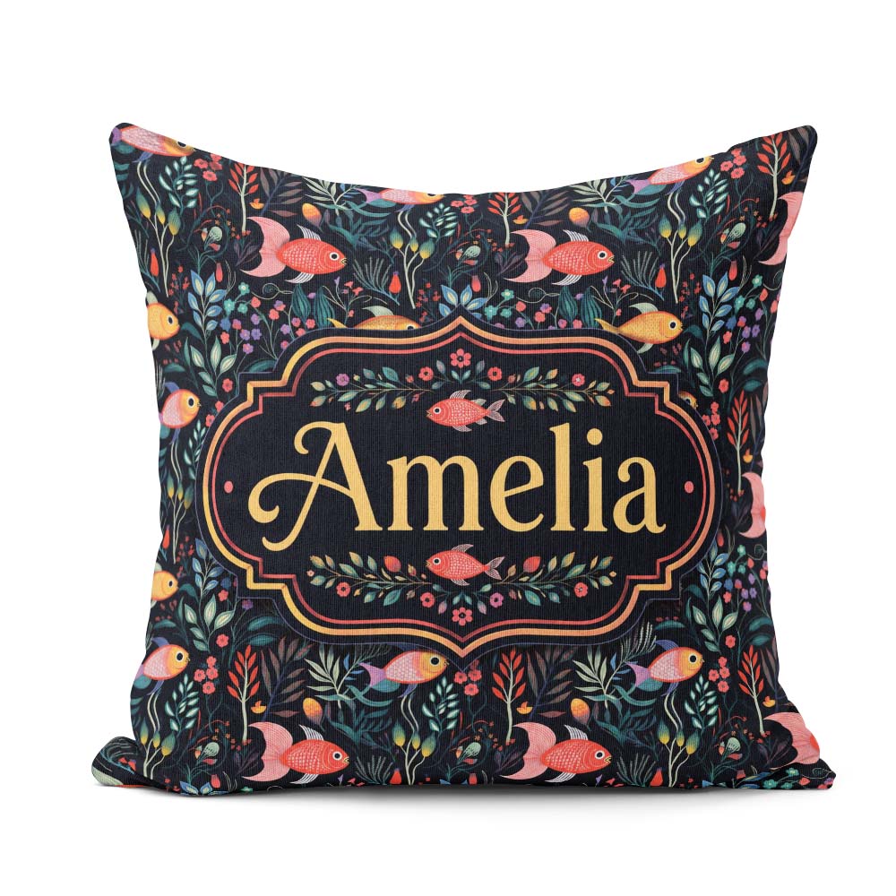 Custom Name Cute Pastel Fish and Floral Sea Life Pattern on Teal Square Filled Cushion Throw Pillow Sofa Bed Home Decor Zip Washable UK Made