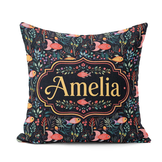 Custom Name Cute Pastel Fish and Floral Sea Life Pattern on Teal Square Filled Cushion Throw Pillow Sofa Bed Home Decor Zip Washable UK Made