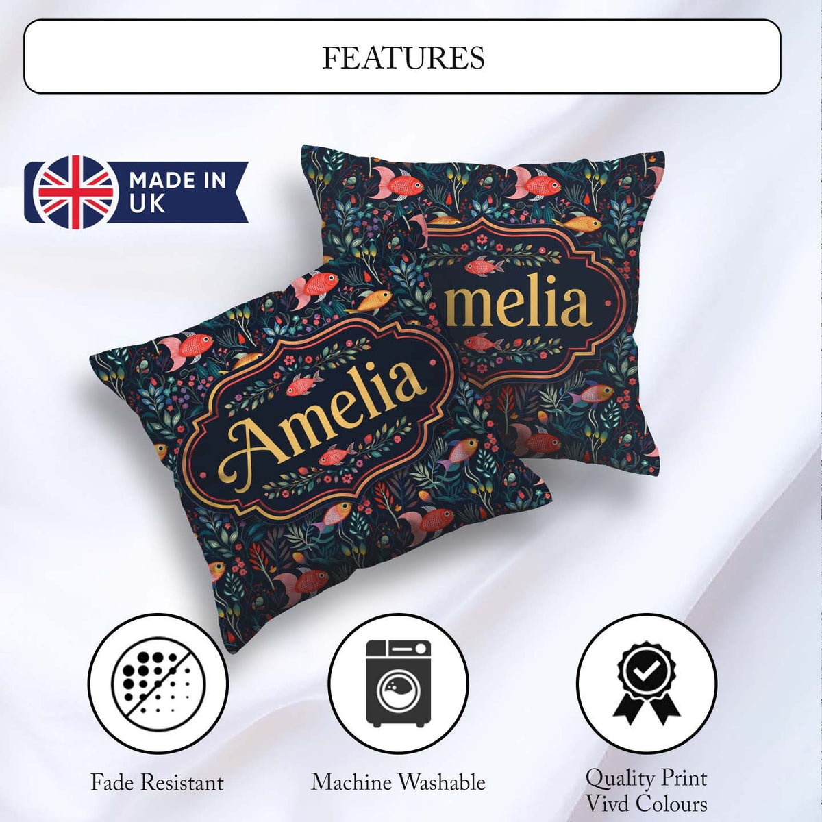 Custom Name Cute Pastel Fish and Floral Sea Life Pattern on Teal Square Filled Cushion Throw Pillow Sofa Bed Home Decor Zip Washable UK Made