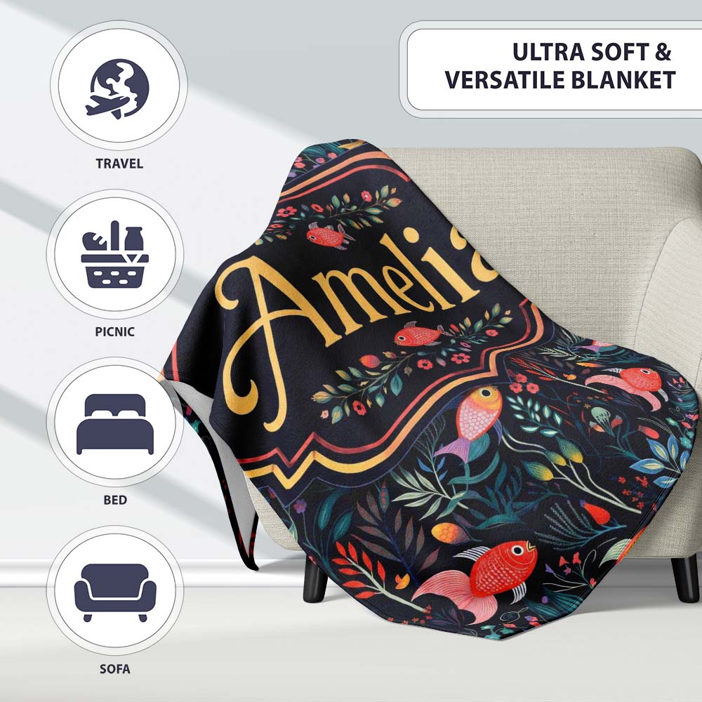 Cute Pastel Fish and Floral Sea Life Pattern on Teal Background  Personalised Custom Name Super Soft Fleece Blanket Bed Sofa Throw