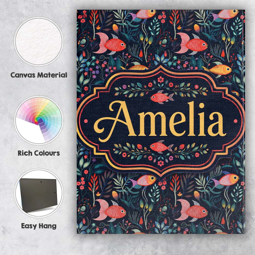 Personalised Name Cute Pastel Fish and Custom  Modern Room Accent Elegant Feature Canvas Wall Art Print Decor Picture Ready to Hang