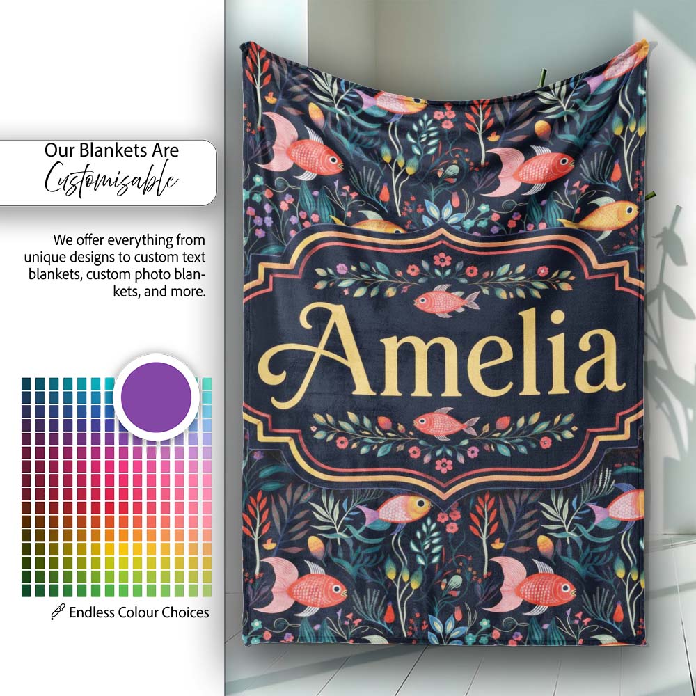 Cute Pastel Fish and Floral Sea Life Pattern on Teal Background  Personalised Custom Name Super Soft Fleece Blanket Bed Sofa Throw