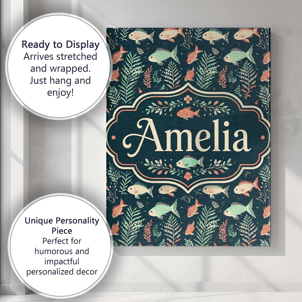 Personalised Name Cute Coral and Mint Fish Custom  Unique Gift Idea Elegant Feature Canvas Wall Art Print Decor Picture Ready to Hang