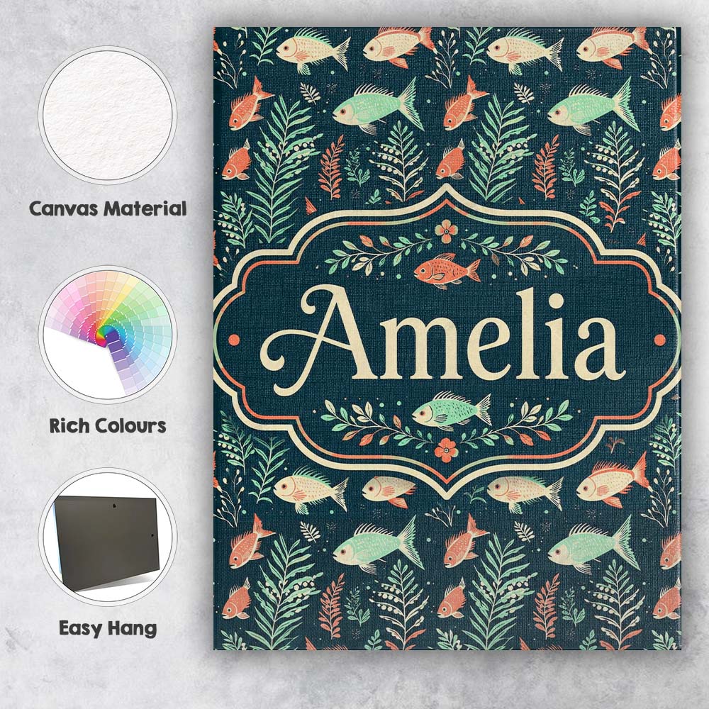 Personalised Name Cute Coral and Mint Fish Custom  Unique Gift Idea Elegant Feature Canvas Wall Art Print Decor Picture Ready to Hang