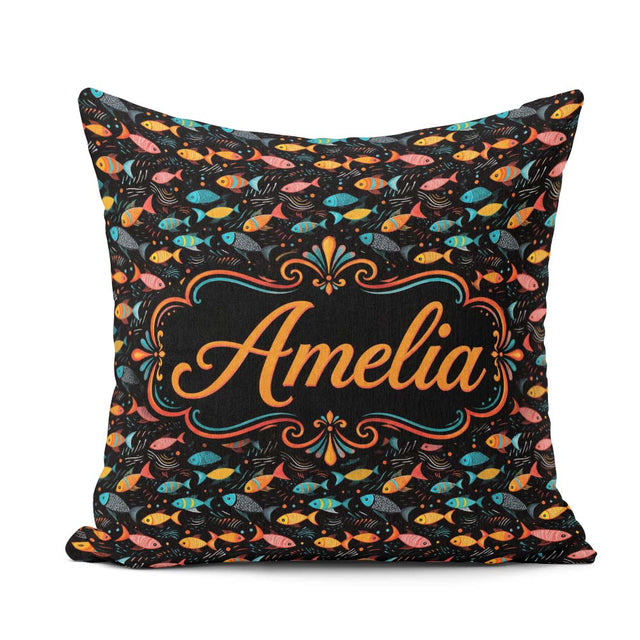 Custom Name Colorful Tropical Fish Dark Ocean Background Pattern Square Filled Cushion Throw Pillow Sofa Bed Home Decor Zip Washable UK Made
