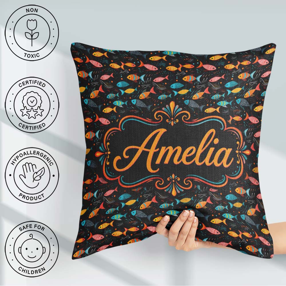Custom Name Colorful Tropical Fish Dark Ocean Background Pattern Square Filled Cushion Throw Pillow Sofa Bed Home Decor Zip Washable UK Made