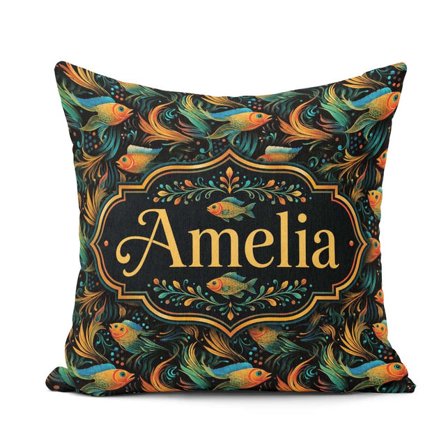 Custom Name Vibrant with Flowing Fins on Dark Aquatic Background Square Filled Cushion Throw Pillow Sofa Bed Home Decor Zip Washable UK Made