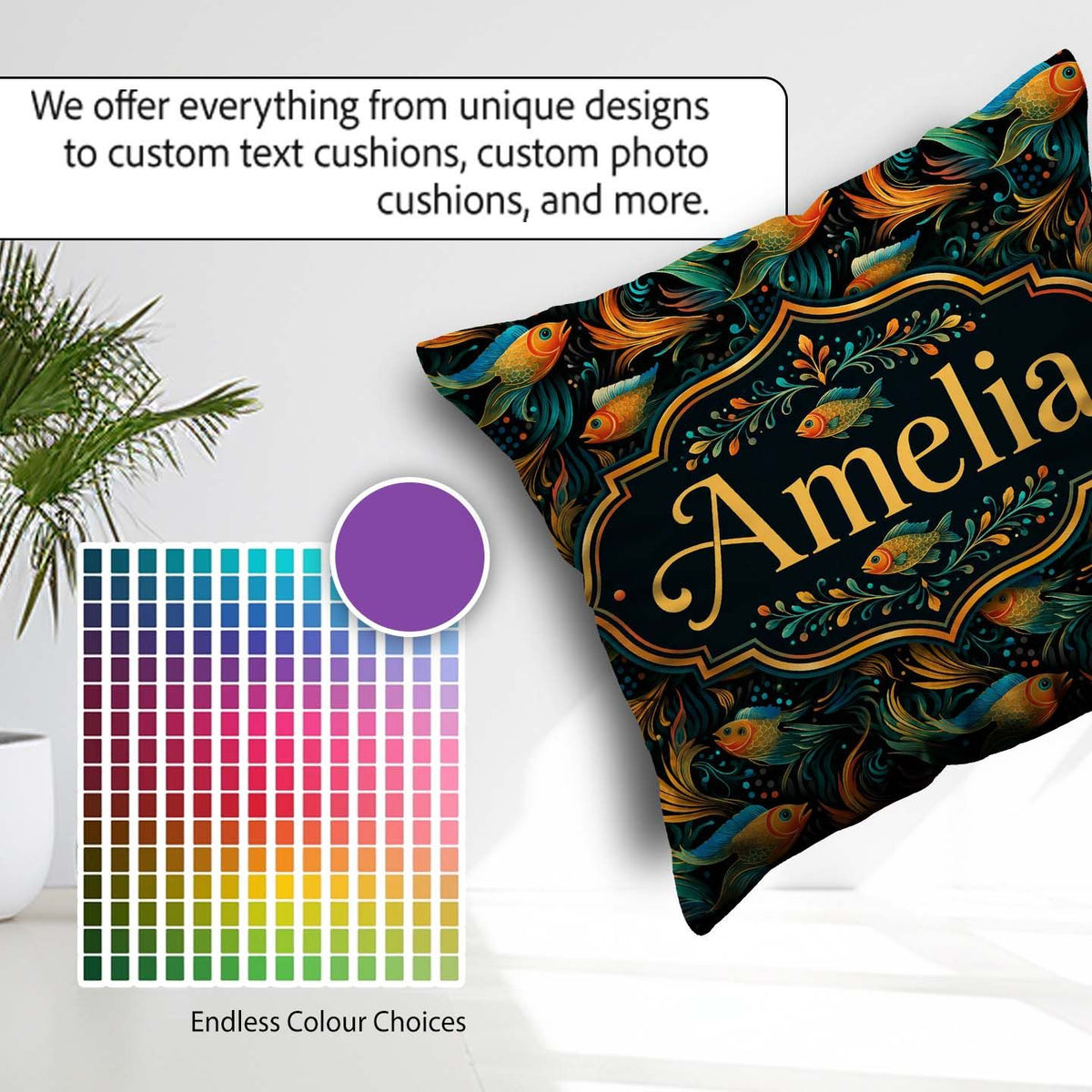 Custom Name Vibrant with Flowing Fins on Dark Aquatic Background Square Filled Cushion Throw Pillow Sofa Bed Home Decor Zip Washable UK Made
