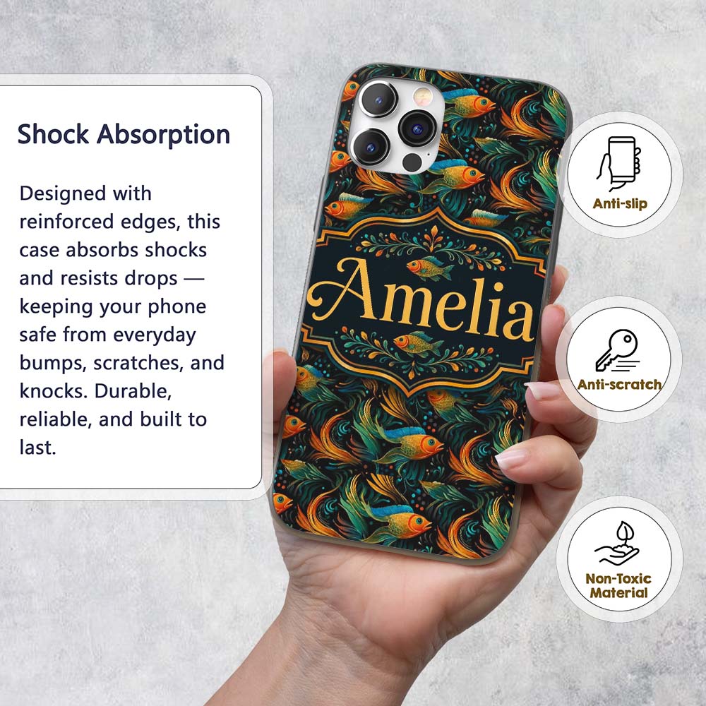 Vibrant Goldfish with Flowing Fins Printed Design Custom Name Protective Phone Case Mobile Cover Durable Everyday Smartphone Shock Resistant