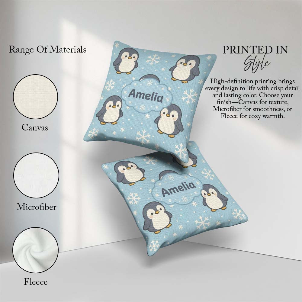 Custom Name Cute Winter Penguin Cartoon Animal Pattern for Her Square Filled Cushion Throw Pillow Sofa Bed Home Decor Zip Washable UK Made