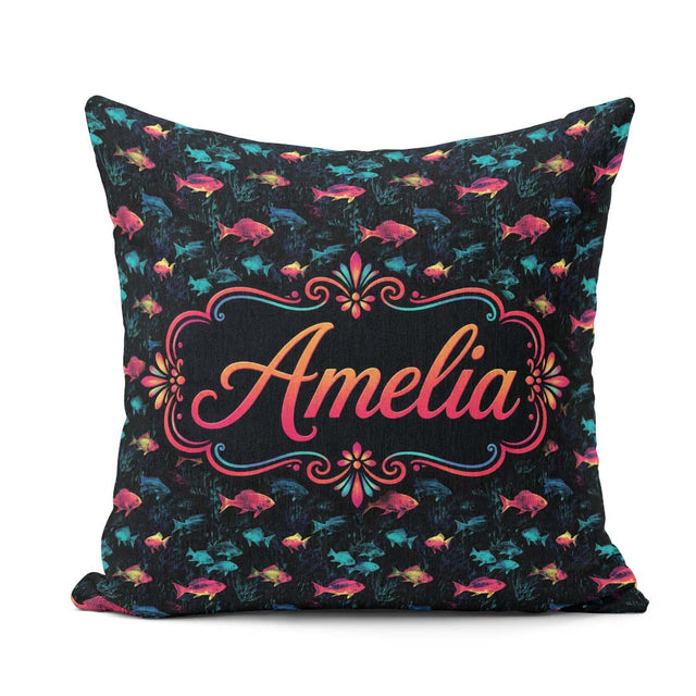 Custom Name Neon Pink and Blue Fish in Deep Sea Seamless Pattern Square Filled Cushion Throw Pillow Sofa Bed Home Decor Zip Washable UK Made