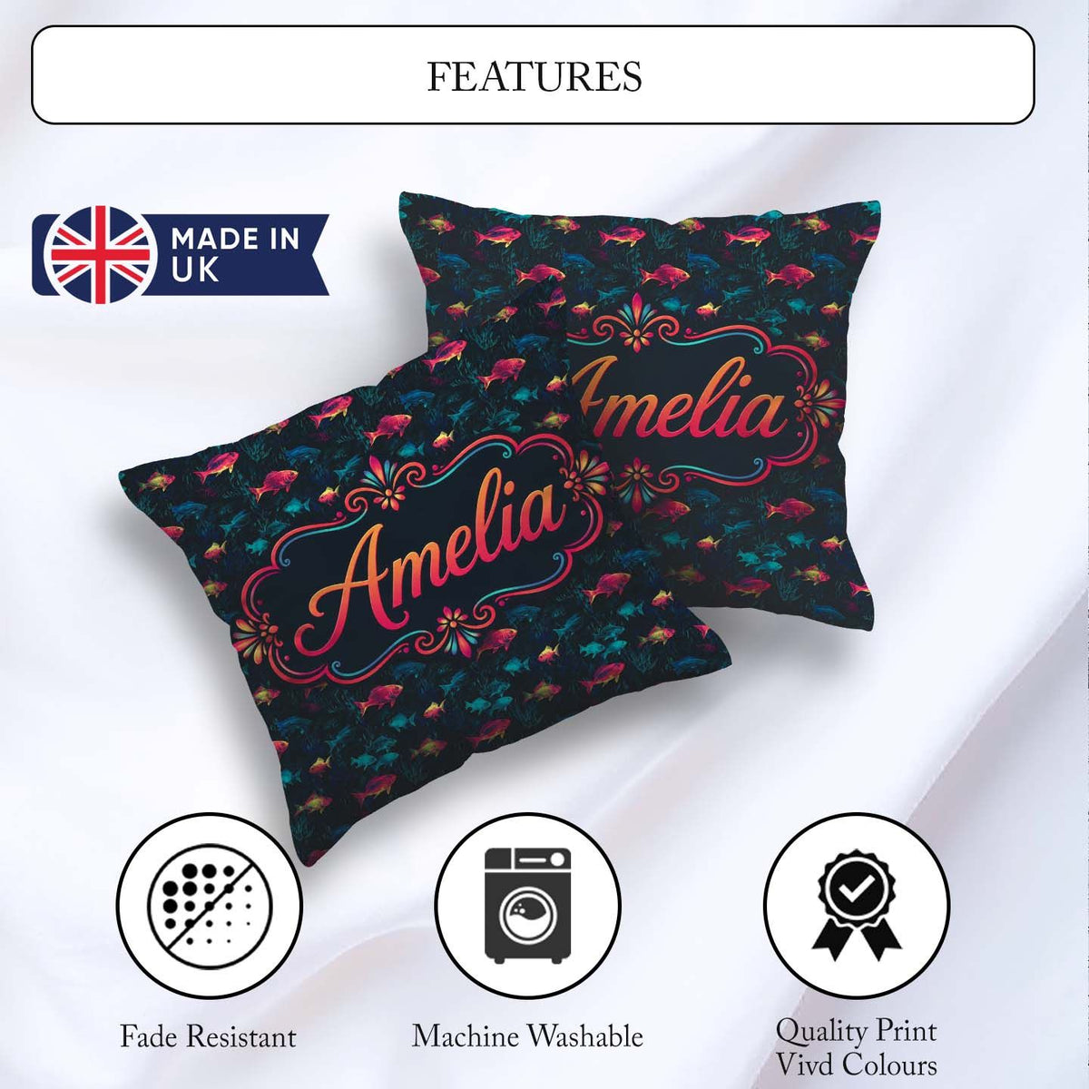 Custom Name Neon Pink and Blue Fish in Deep Sea Seamless Pattern Square Filled Cushion Throw Pillow Sofa Bed Home Decor Zip Washable UK Made