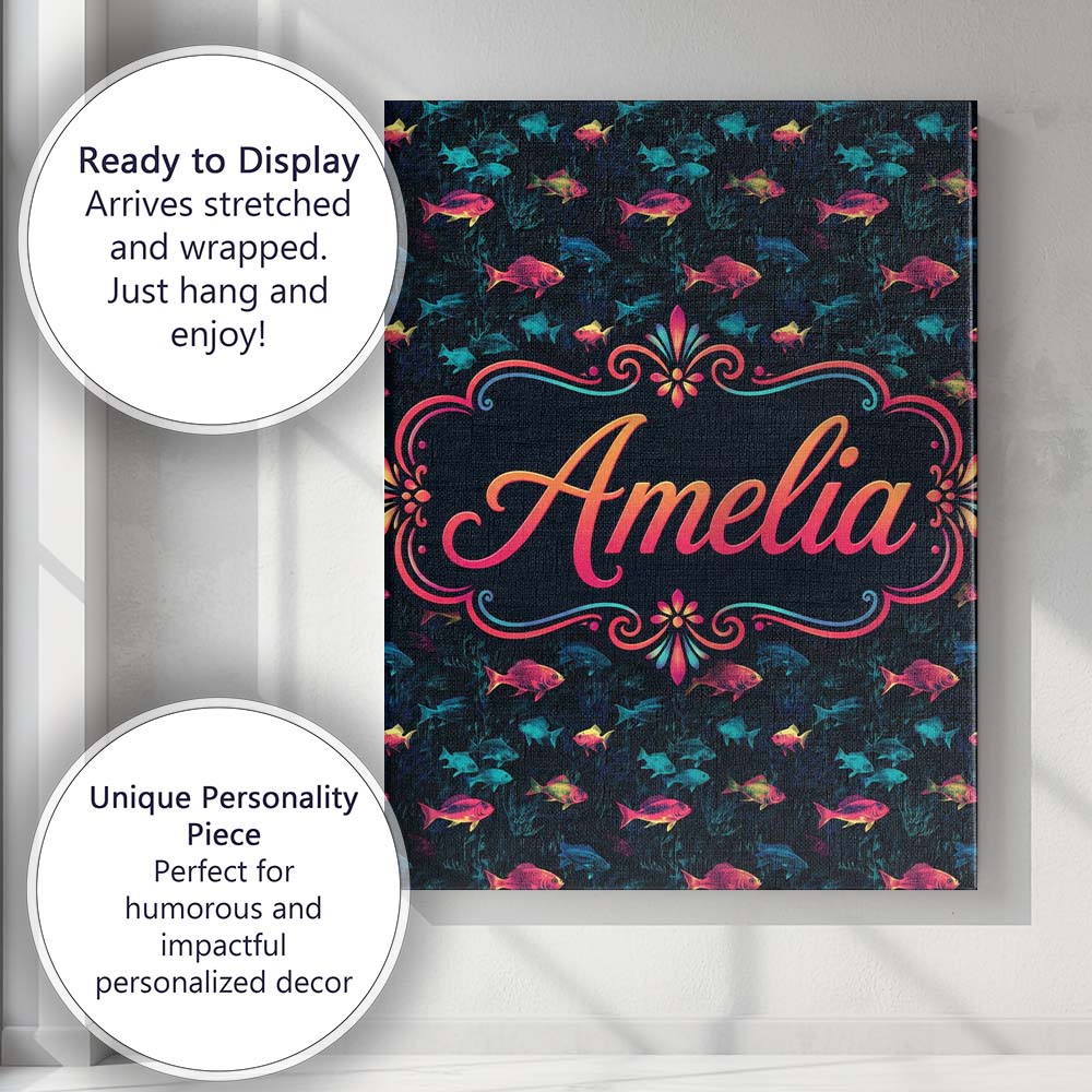 Personalised Name Neon Pink and Blue Fish Custom  Unique Gift Idea Elegant Feature Canvas Wall Art Print Decor Picture Ready to Hang