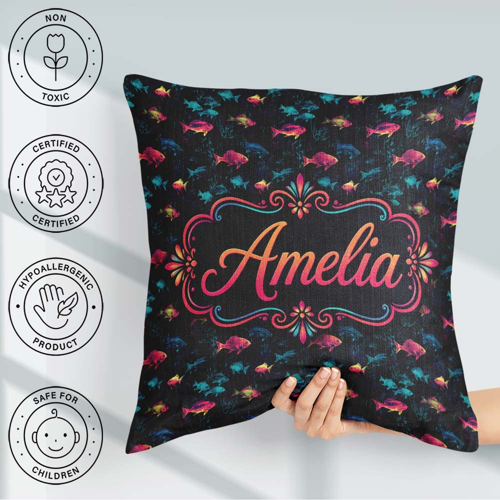 Custom Name Neon Pink and Blue Fish in Deep Sea Seamless Pattern Square Filled Cushion Throw Pillow Sofa Bed Home Decor Zip Washable UK Made
