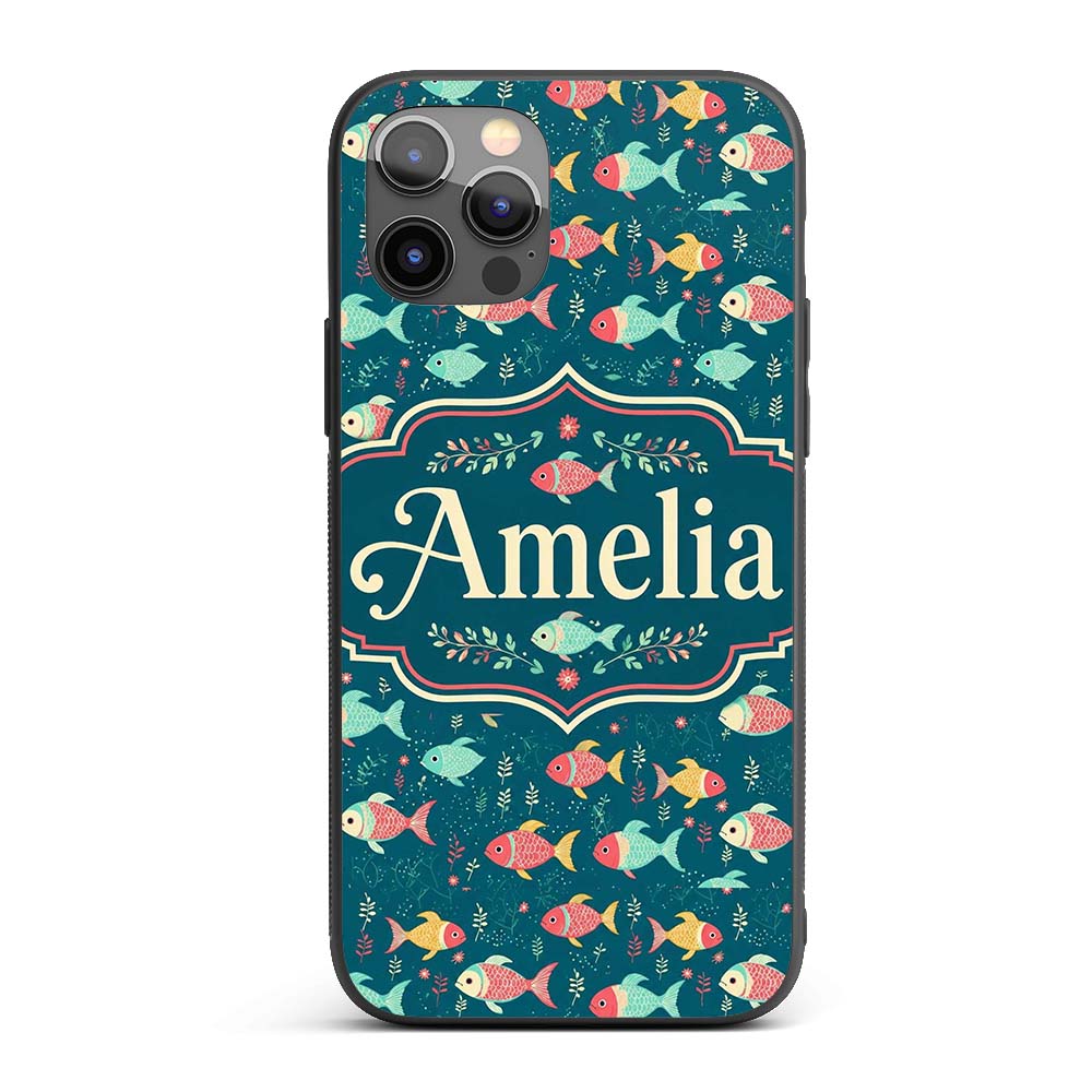 Playful Multicolor Fish with Tiny Sea Plants Custom Name Protective Phone Case Mobile Cover Durable Everyday Smartphone Shock Resistant