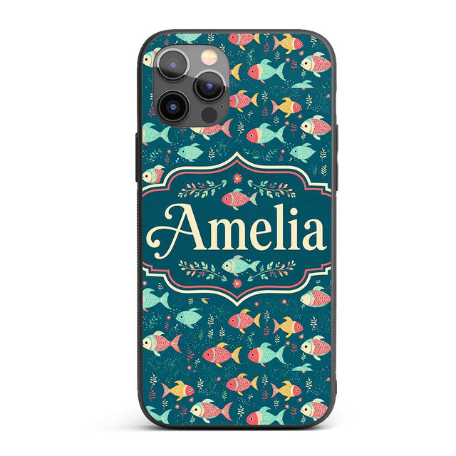 Playful Multicolor Fish with Tiny Sea Plants Custom Name Protective Phone Case Mobile Cover Durable Everyday Smartphone Shock Resistant