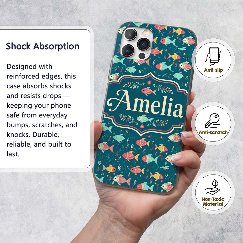 Playful Multicolor Fish with Tiny Sea Plants Custom Name Protective Phone Case Mobile Cover Durable Everyday Smartphone Shock Resistant