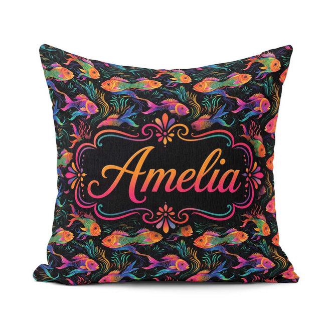 Custom Name Rainbow Fish with Flowing Seaweed on Dark Background Square Filled Cushion Throw Pillow Sofa Bed Home Decor Zip Washable UK Made