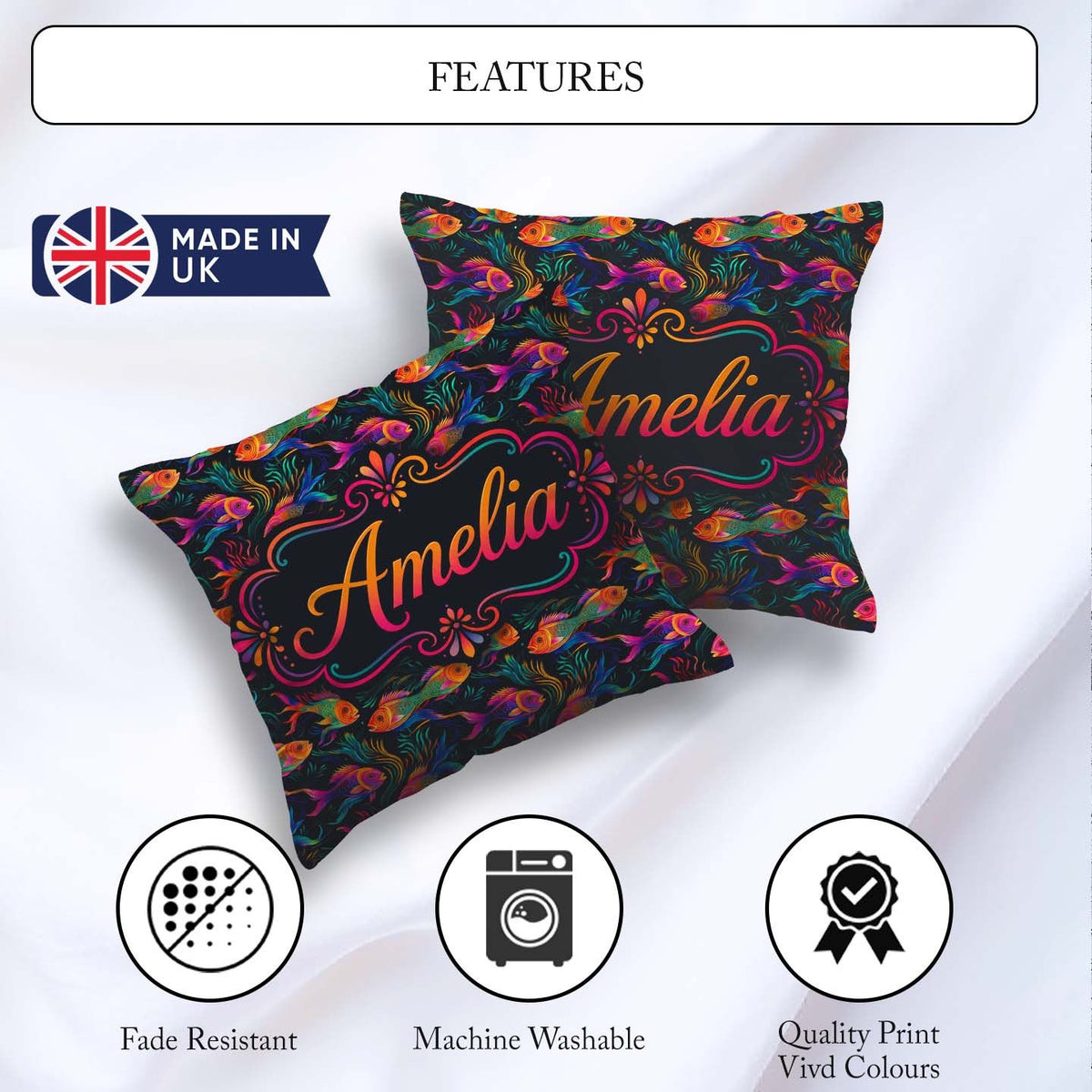 Custom Name Rainbow Fish with Flowing Seaweed on Dark Background Square Filled Cushion Throw Pillow Sofa Bed Home Decor Zip Washable UK Made