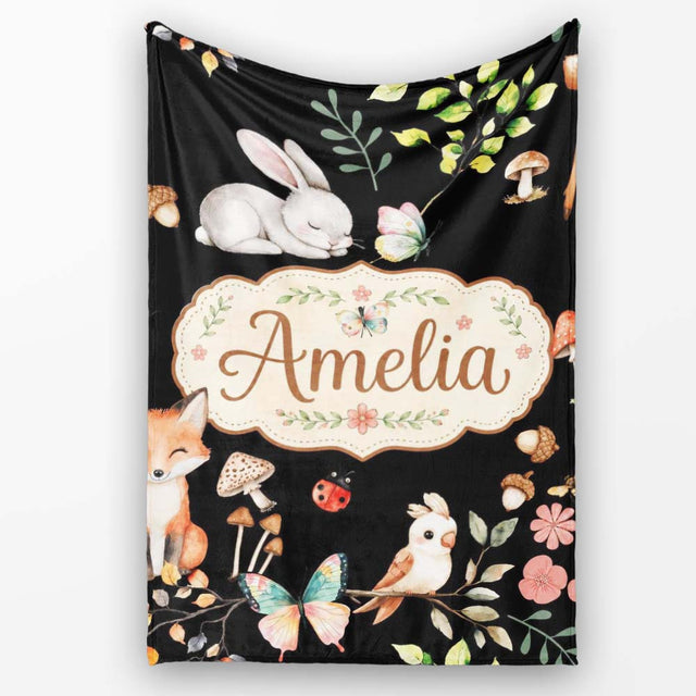 Watercolour Woodland Animals with Bunny Fox and Butterflies Pattern  Personalised Custom Name Super Soft Fleece Blanket Bed Sofa Throw