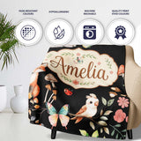 Watercolour Woodland Animals with Bunny Fox and Butterflies Pattern  Personalised Custom Name Super Soft Fleece Blanket Bed Sofa Throw