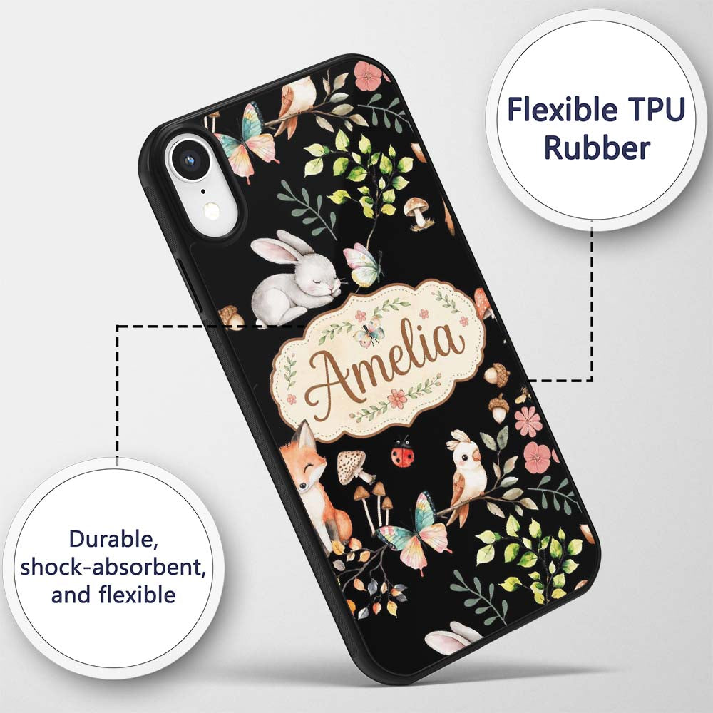 Watercolour Woodland Animals with Bunny Fox and Custom Name Protective Phone Case Mobile Cover Durable Everyday Smartphone Shock Resistant