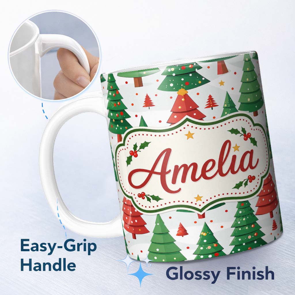 Personalized Custom Name Cute Christmas Trees in Red and Green with Falling Snow Seamless 11oz Ceramic Coffee Tea Mug White Large Handle