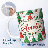 Personalized Custom Name Cute Christmas Trees in Red and Green with Falling Snow Seamless 11oz Ceramic Coffee Tea Mug White Large Handle