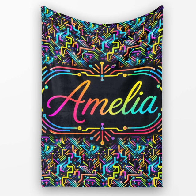 Neon Circuit Board Lines Abstract Technology Pattern on Dark Lovely  Personalised Custom Name Super Soft Fleece Blanket Bed Sofa Throw