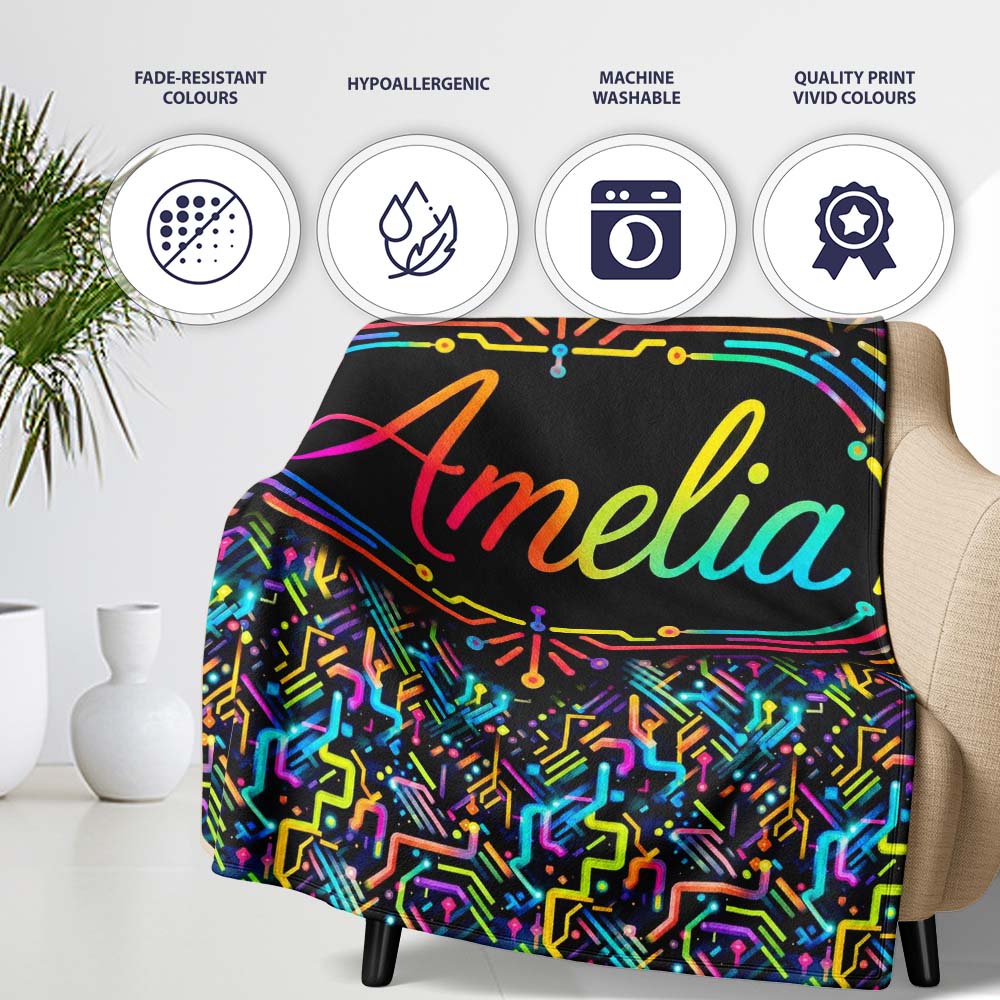 Neon Circuit Board Lines Abstract Technology Pattern on Dark Lovely  Personalised Custom Name Super Soft Fleece Blanket Bed Sofa Throw
