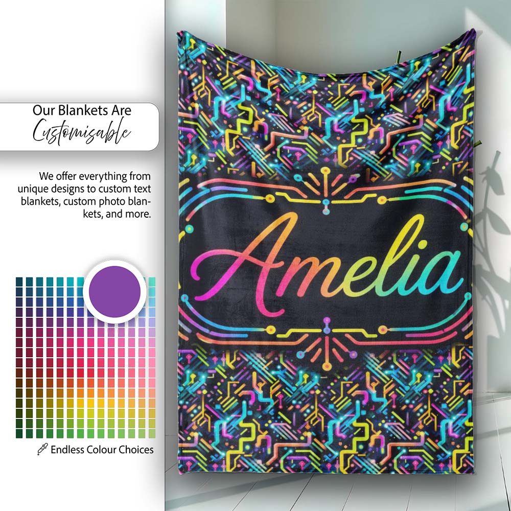Neon Circuit Board Lines Abstract Technology Pattern on Dark Lovely  Personalised Custom Name Super Soft Fleece Blanket Bed Sofa Throw