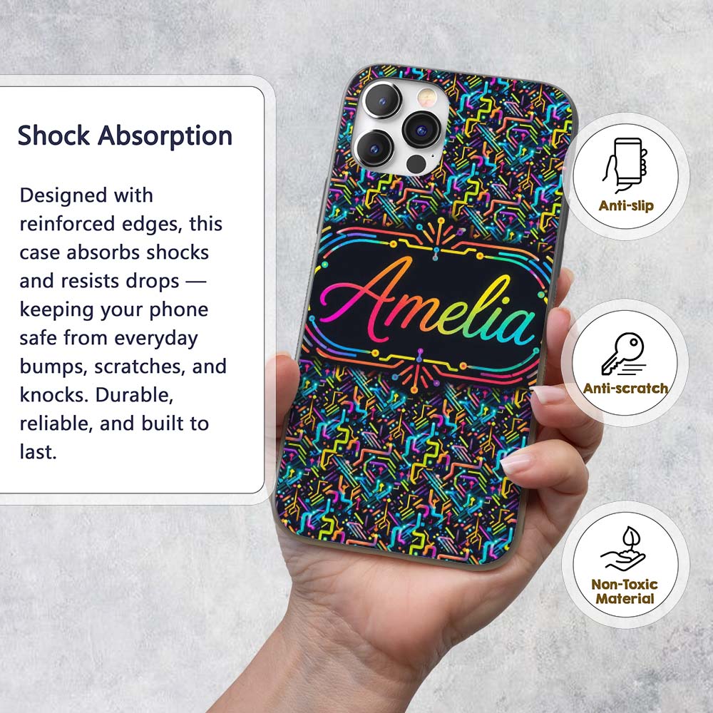 Neon Circuit Board Lines Abstract Technology Custom Name Protective Phone Case Mobile Cover Durable Everyday Smartphone Shock Resistant