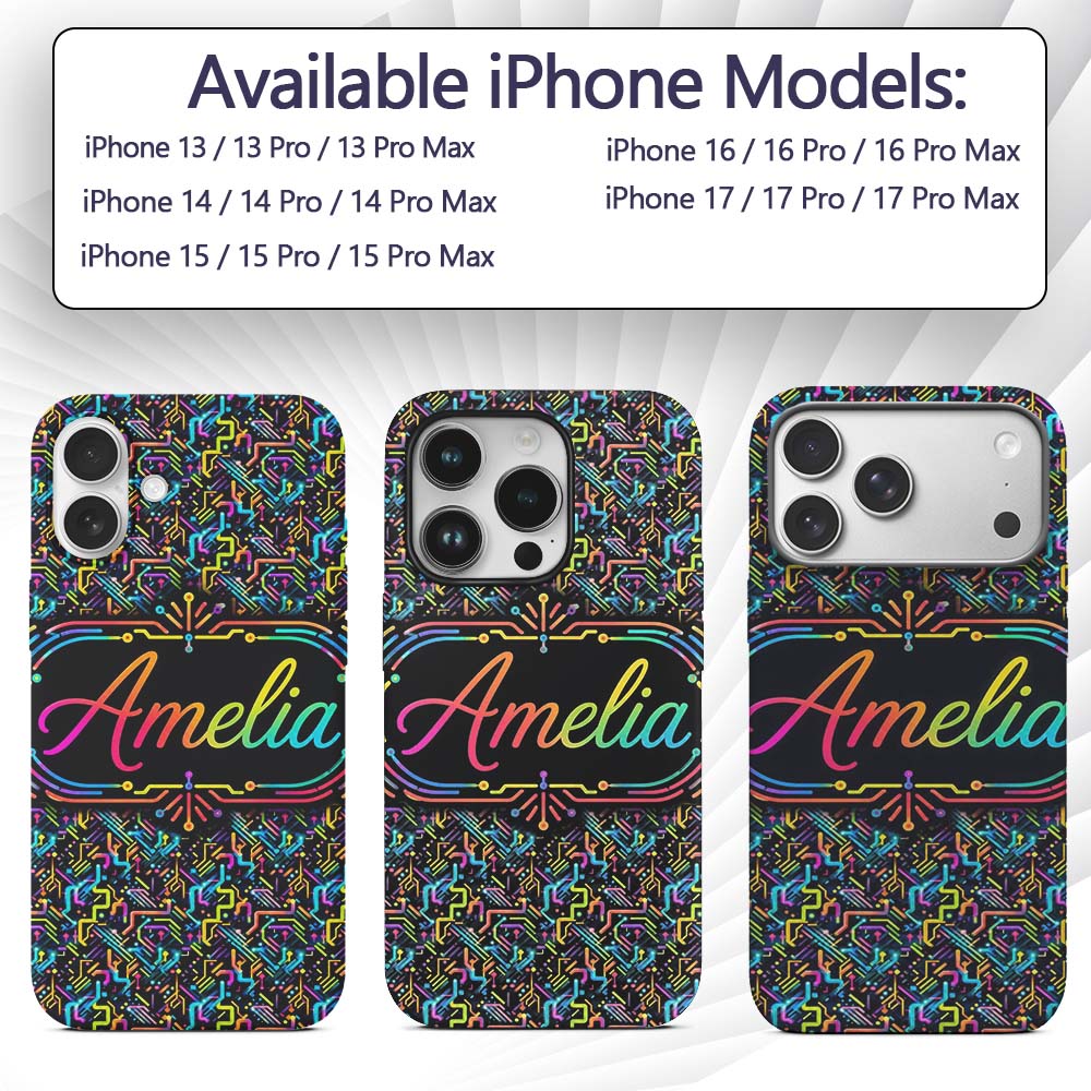 Neon Circuit Board Lines Abstract Technology Custom Name Protective Phone Case Mobile Cover Durable Everyday Smartphone Shock Resistant