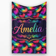 Vibrant Rainbow Feather Pattern on Black Background Seamless Lovely  Personalised Custom Name Super Soft Fleece Blanket Bed Sofa Throw