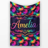 Vibrant Rainbow Feather Pattern on Black Background Seamless Lovely  Personalised Custom Name Super Soft Fleece Blanket Bed Sofa Throw