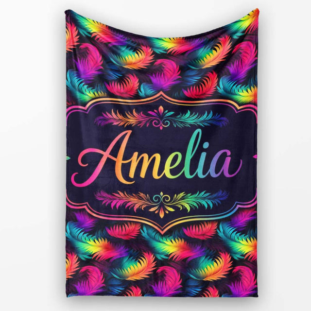 Vibrant Rainbow Feather Pattern on Black Background Seamless Lovely  Personalised Custom Name Super Soft Fleece Blanket Bed Sofa Throw