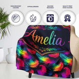 Vibrant Rainbow Feather Pattern on Black Background Seamless Lovely  Personalised Custom Name Super Soft Fleece Blanket Bed Sofa Throw