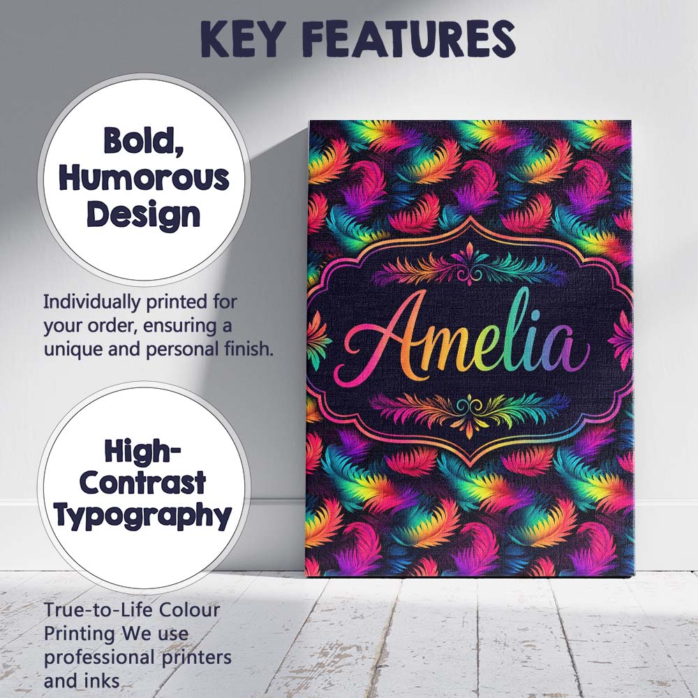 Personalised Name Vibrant Rainbow Feather Custom  Unique Gift Idea Elegant Feature Canvas Wall Art Print Decor Picture Ready to Hang