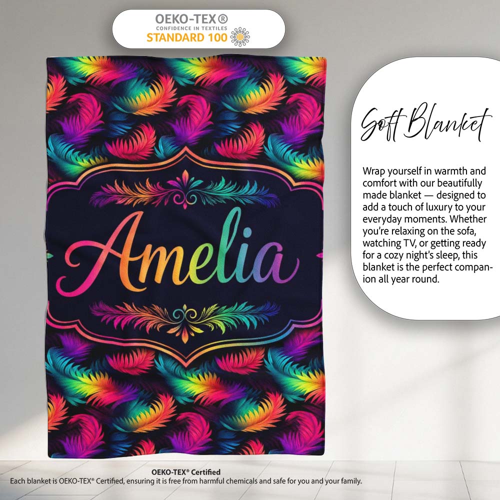 Vibrant Rainbow Feather Pattern on Black Background Seamless Lovely  Personalised Custom Name Super Soft Fleece Blanket Bed Sofa Throw