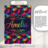 Vibrant Rainbow Feather Pattern on Black Background Seamless Lovely  Personalised Custom Name Super Soft Fleece Blanket Bed Sofa Throw