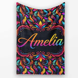 Colorful Tropical Feather Leaves on Black Background Seamless Exotic  Personalised Custom Name Super Soft Fleece Blanket Bed Sofa Throw