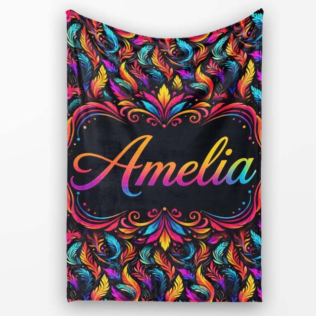 Colorful Tropical Feather Leaves on Black Background Seamless Exotic  Personalised Custom Name Super Soft Fleece Blanket Bed Sofa Throw