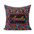Custom Name Colorful Tropical Feather Leaves on Black Background Square Filled Cushion Throw Pillow Sofa Bed Home Decor Zip Washable UK Made