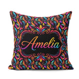 Custom Name Colorful Tropical Feather Leaves on Black Background Square Filled Cushion Throw Pillow Sofa Bed Home Decor Zip Washable UK Made
