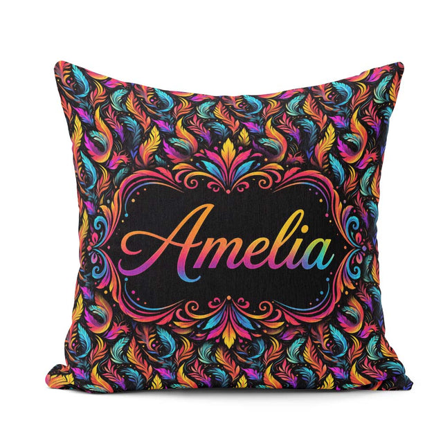 Custom Name Colorful Tropical Feather Leaves on Black Background Square Filled Cushion Throw Pillow Sofa Bed Home Decor Zip Washable UK Made