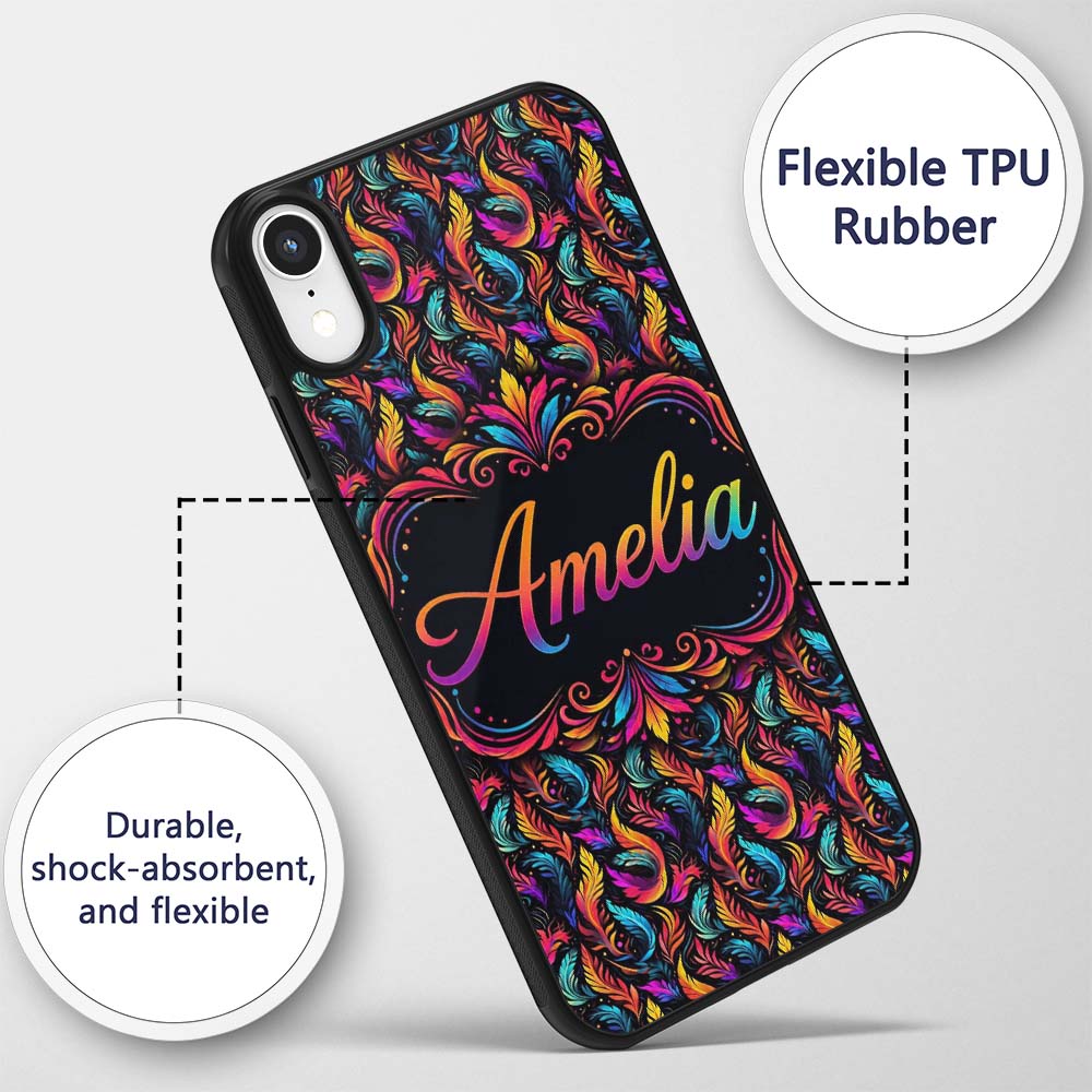 Colorful Tropical Feather Leaves Printed Design Custom Name Protective Phone Case Mobile Cover Durable Everyday Smartphone Shock Resistant