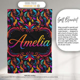 Colorful Tropical Feather Leaves on Black Background Seamless Exotic  Personalised Custom Name Super Soft Fleece Blanket Bed Sofa Throw