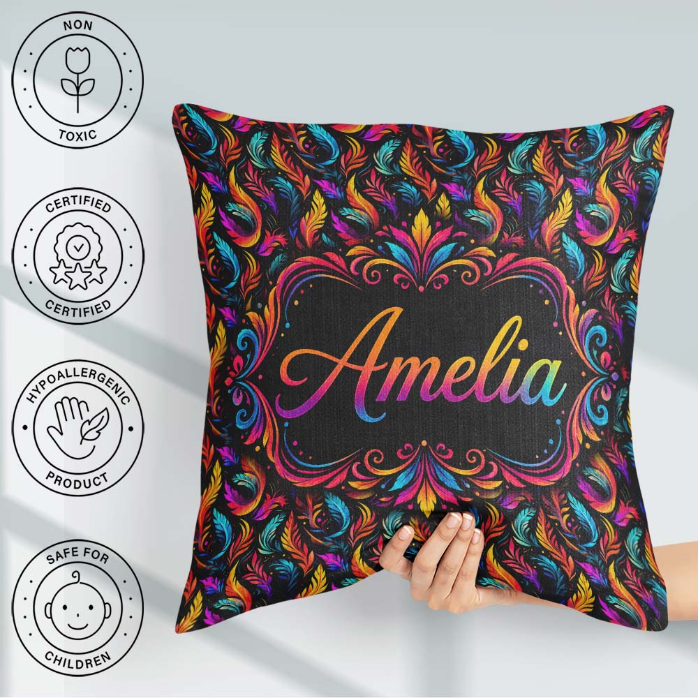 Custom Name Colorful Tropical Feather Leaves on Black Background Square Filled Cushion Throw Pillow Sofa Bed Home Decor Zip Washable UK Made